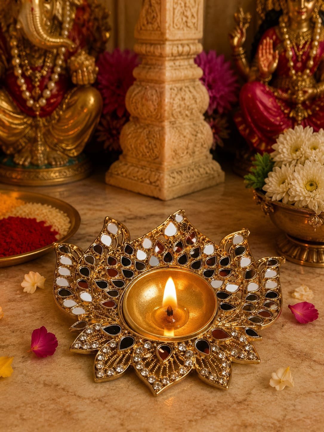 Lotus (Kamal) Mirror Work Diya