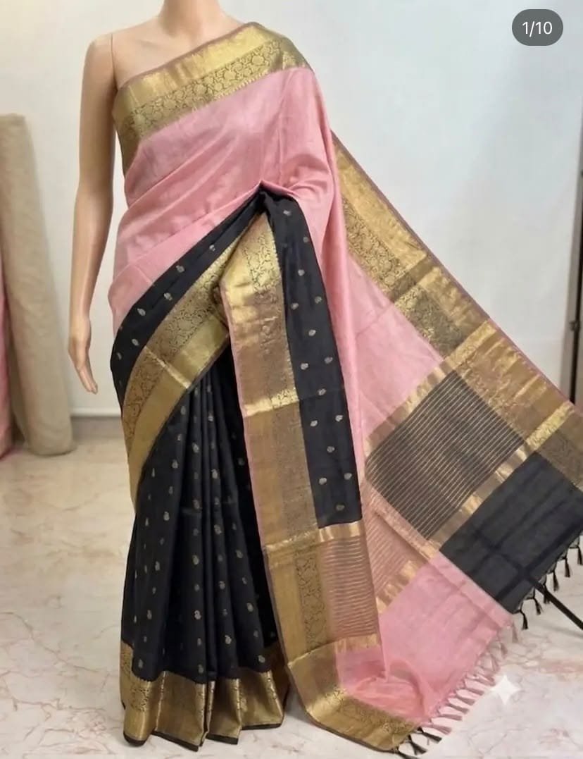 Black & Pink Soft Silk Saree with Rich Gold Zari Border | Traditional Party & Wedding Wear Saree for Women