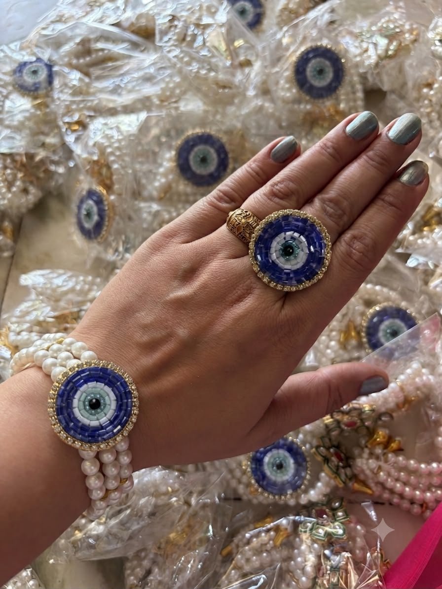 Evil Eye Pearl Bracelet and Ring Set