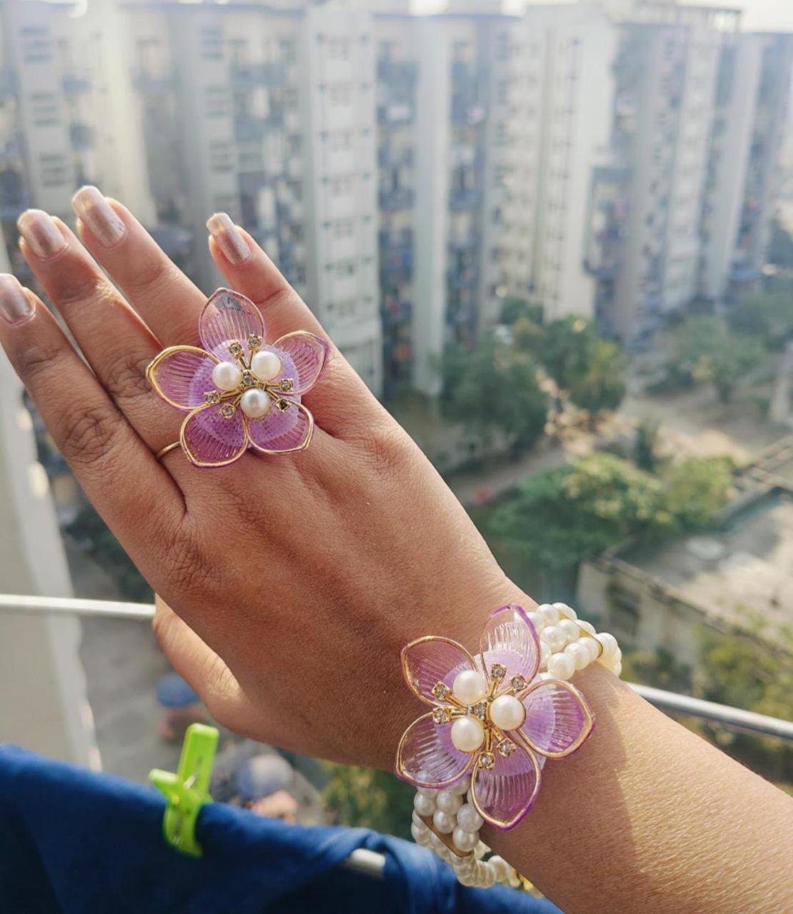 Pearl Floral Hathphool Flower Jewellery Set with Ring and Bracelet