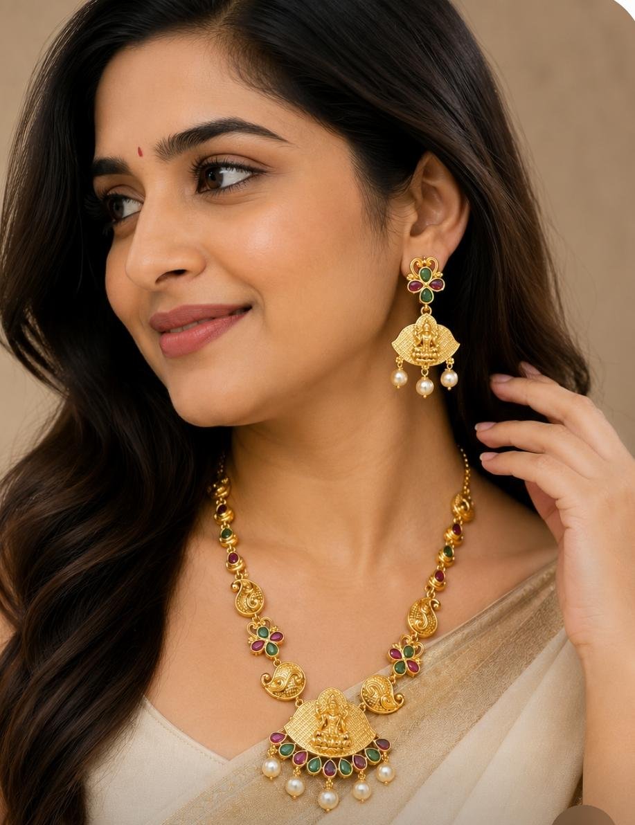 Lakshmi Temple Necklace Set with Matching Earrings – Gold-Plated Bridal Jewellery