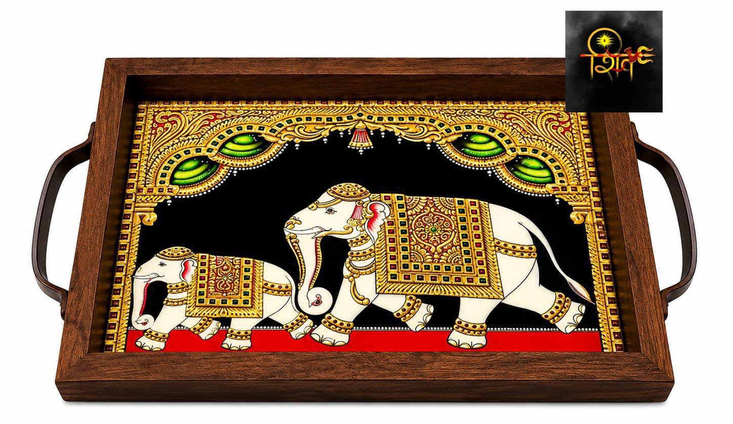 Tanjore Print Mango Wood Tray With Handle