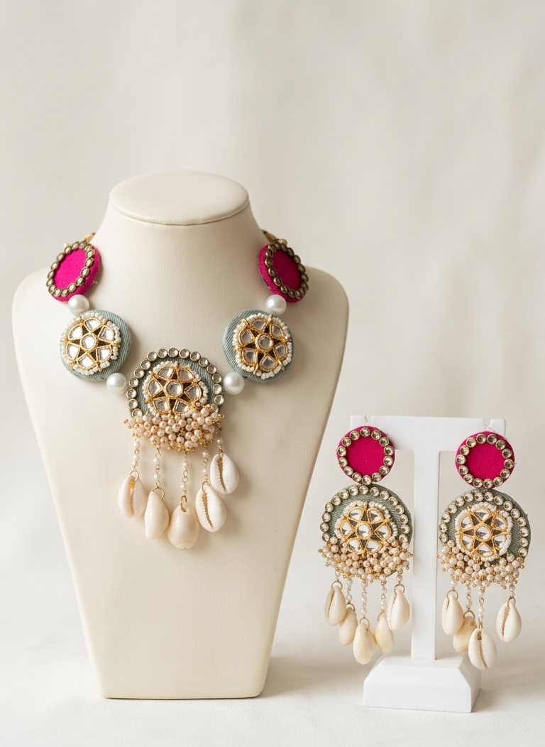 Handcrafted Fuchsia & Sage Cowrie Shell Jewellry Set