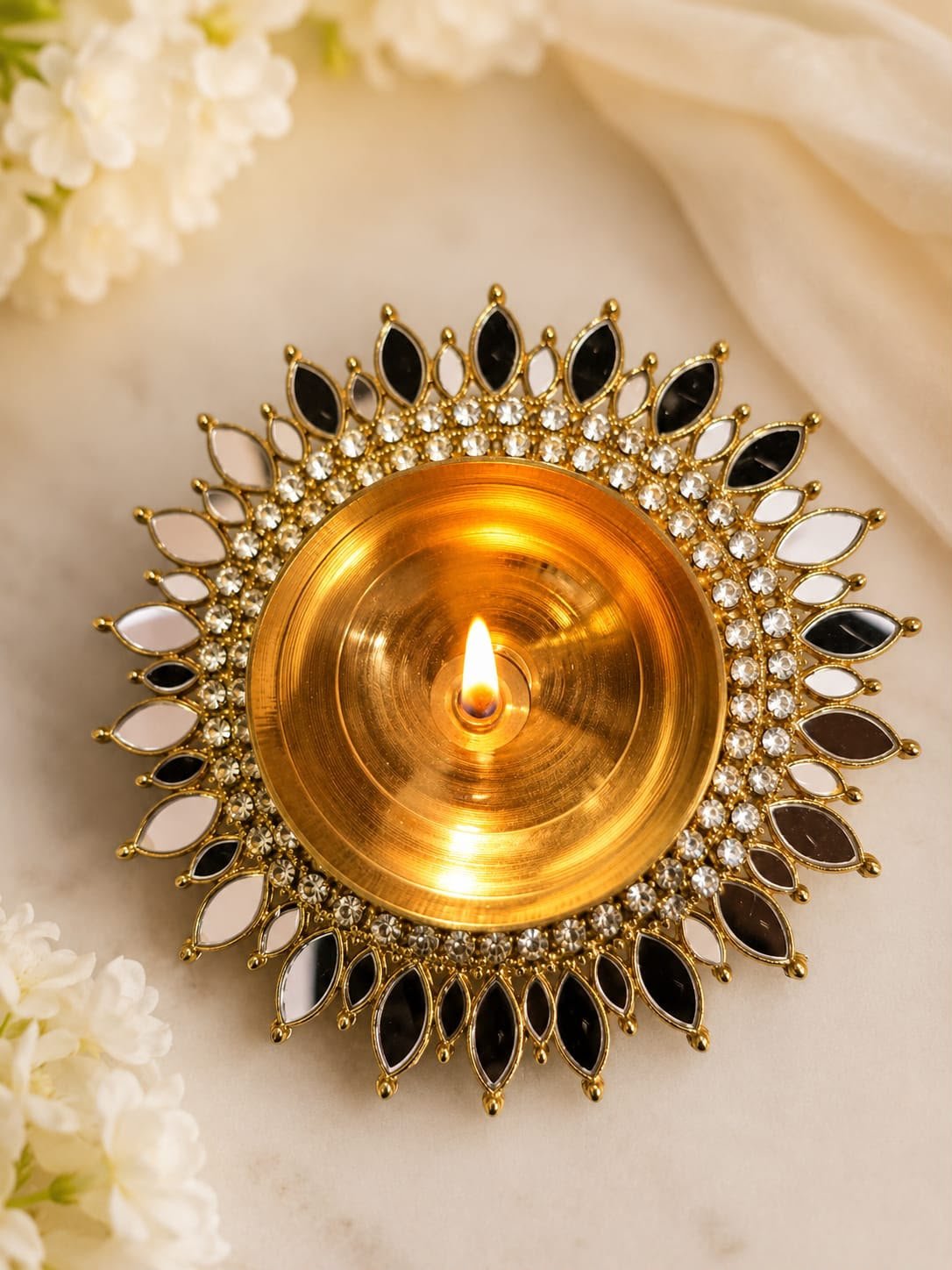 Sunburst Thikri Kundan Brass Diya Holder