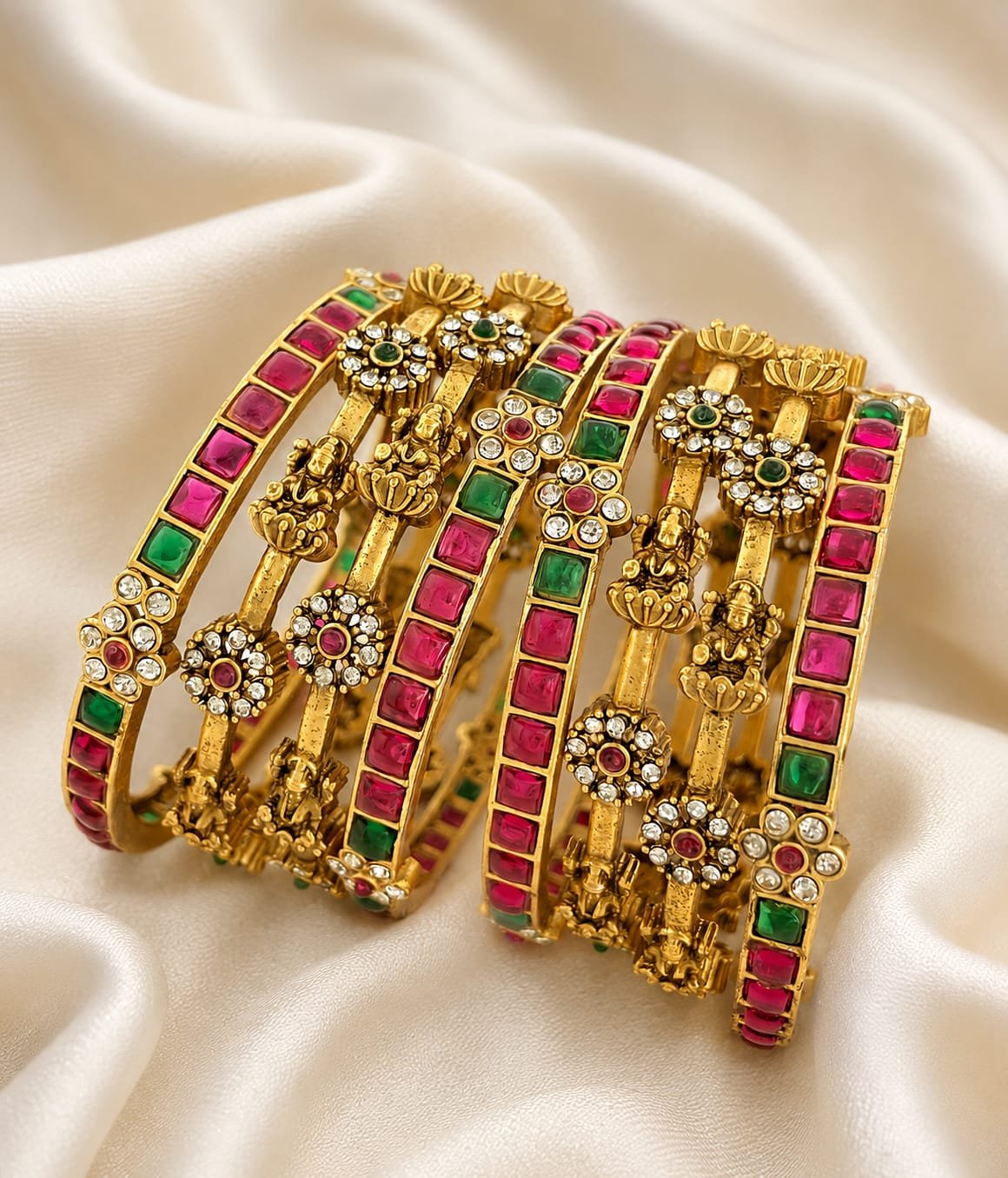 24K Gold Formed Lakshmi Temple Bangles with Ruby & Green Stones | Bridal Kada Set