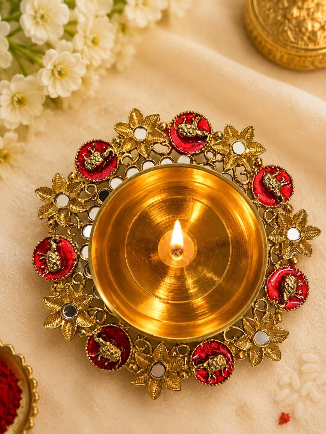 Red Enamel & Mirror Mandala Diya